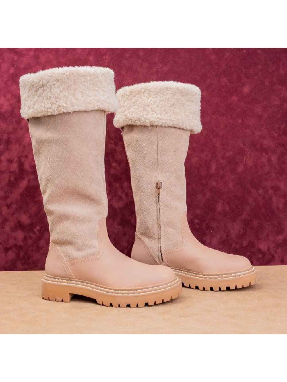 Splendid Antonia Faux Fur Cuff Baby Pink Suede Warm Winter Lug Boots sz 7.5